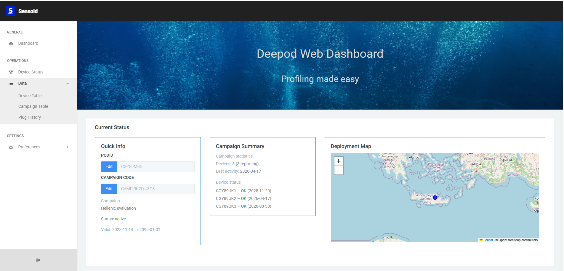 Deepod web dashboard showing campaign status, device summary, and deployment map